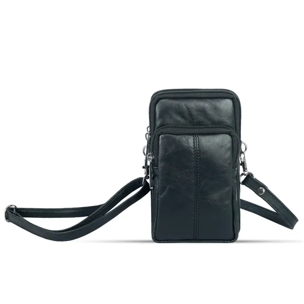 3 Chamber Unisex Leather Messenger Bag with Strip Belt – Color: Black – View 1