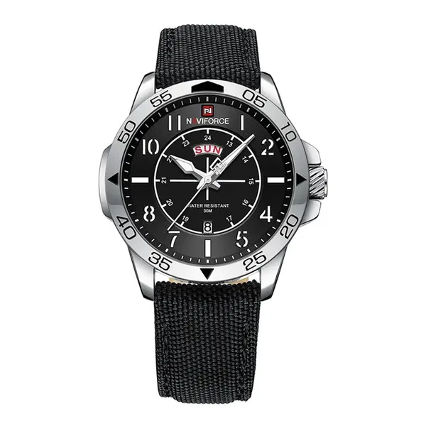 NAVIFORCE NF9204N Nylon Strap Waterproof Quartz Men’s Sport Watch – Dial Color: Silver, Strap Color: Black – View 1