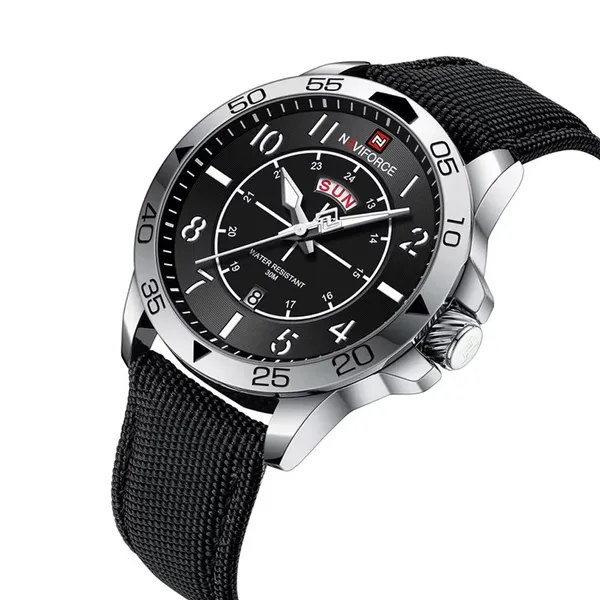 NAVIFORCE NF9204N Nylon Strap Waterproof Quartz Men’s Sport Watch – Dial Color: Silver, Strap Color: Black – View 2