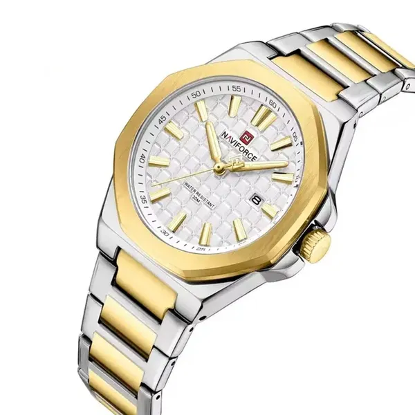 Naviforce NF9258 Stainless Steel Strap Water Resistant Analog Men Wristwatch – Dial Color: White, Strap Color: Gold – View 2
