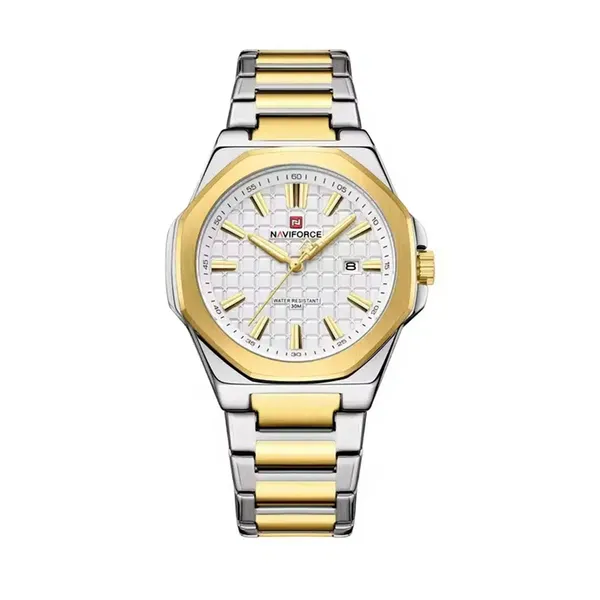 Naviforce NF9258 Stainless Steel Strap Water Resistant Analog Men Wristwatch – Dial Color: White, Strap Color: Gold – View 1
