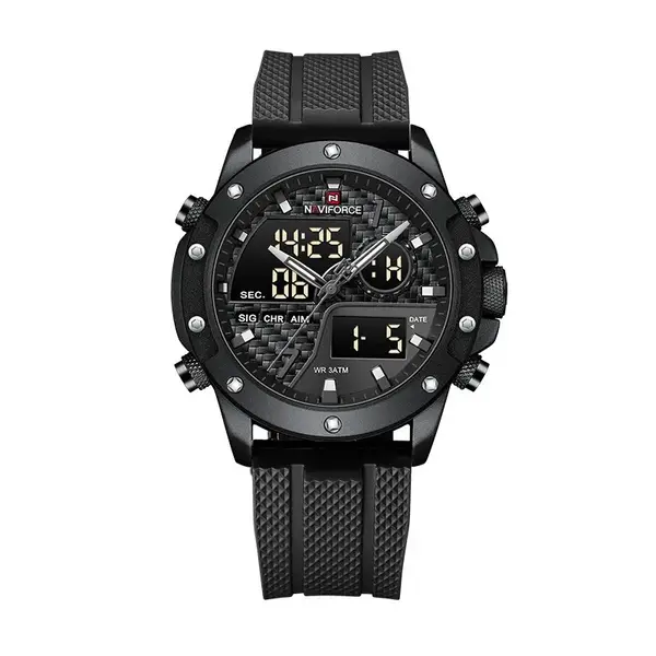 Naviforce NF9221 Lavish Silicon Rubber  Dual Time Quartz  Classic Men's Watch – Dial Color: Black, Strap Color: Black – View 1
