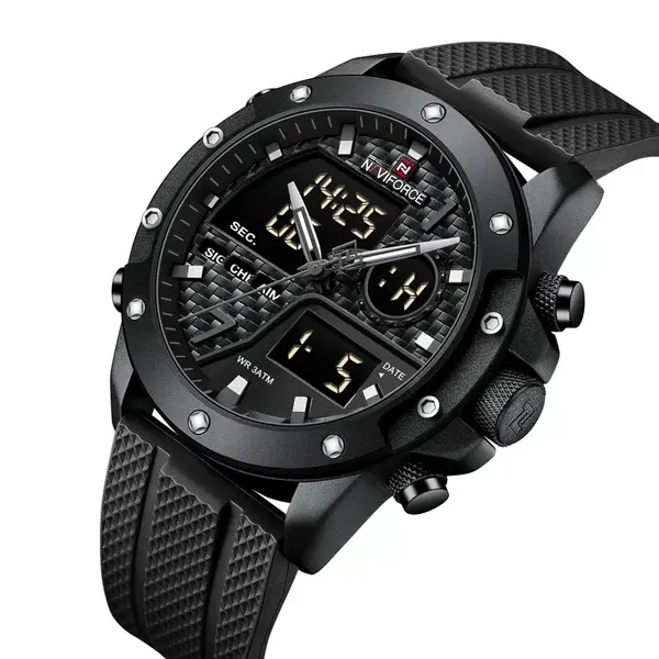 Naviforce NF9221 Lavish Silicon Rubber  Dual Time Quartz  Classic Men's Watch – Dial Color: Black, Strap Color: Black – View 3