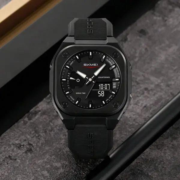 SKMEI 2328 Dual Movement Rubber Strap Sporty Men’s Watch – Dial Color: Black, Strap Color: Black – View 2