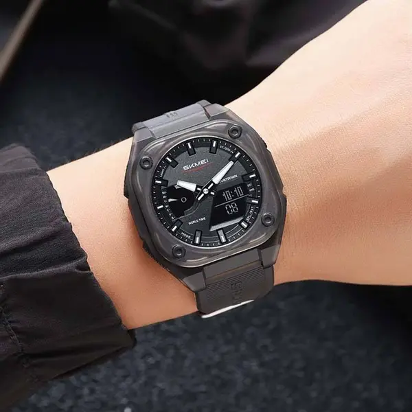 SKMEI 2328 Dual Movement Rubber Strap Sporty Men’s Watch – Dial Color: Black, Strap Color: Black – View 3