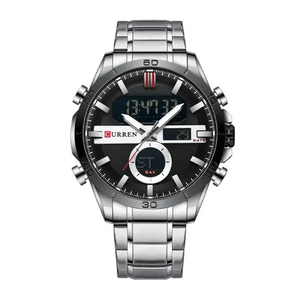 Curren 8384 Stainless Steel Dual Movement Men's Watch – Dial Color: Black, Strap Color: Silver – View 1