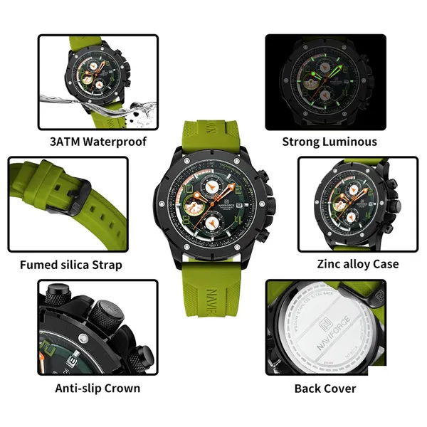 NAVIFORCE NF8034 Chronograph Multifunctional Waterproof Men’s Watch – Dial Color: Black, Strap Color: Green  – View 3