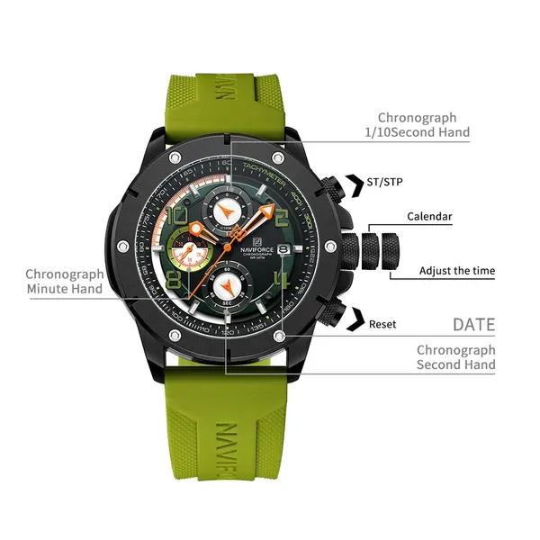 NAVIFORCE NF8034 Chronograph Multifunctional Waterproof Men’s Watch – Dial Color: Black, Strap Color: Green  – View 4