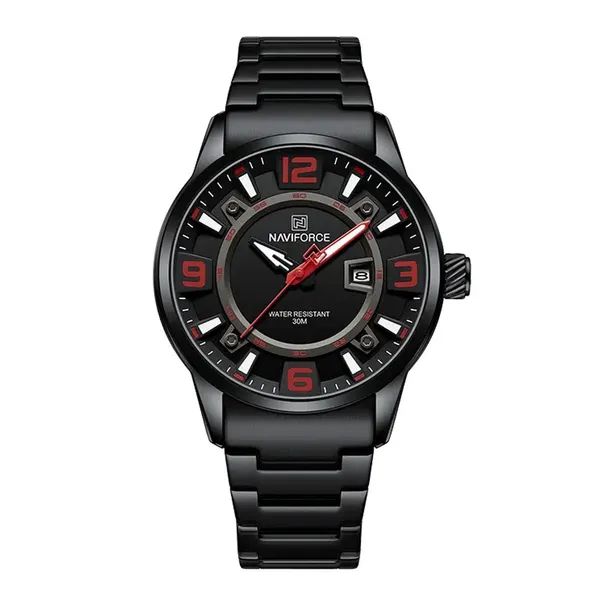 NAVIFORCE NF8044 Luminous Stainless Steel Strap Quartz Men’s Watch – Dial Color: Red, Strap Color: Black – View 1