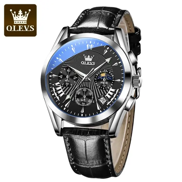 OLEVS 2876 Luxury Leather Strap Chronograph Analog Quartz Wristwatch for Men – Dial Color: Black, Strap Color: Black – View 3