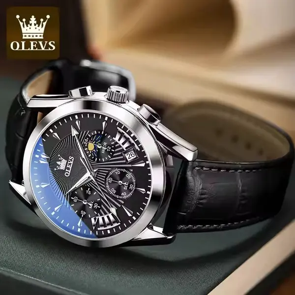 OLEVS 2876 Luxury Leather Strap Chronograph Analog Quartz Wristwatch for Men – Dial Color: Black, Strap Color: Black – View 4