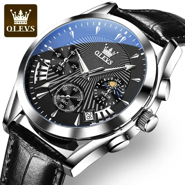 OLEVS 2876 Luxury Leather Strap Chronograph Analog Quartz Wristwatch for Men – Dial Color: Black, Strap Color: Black – View 5