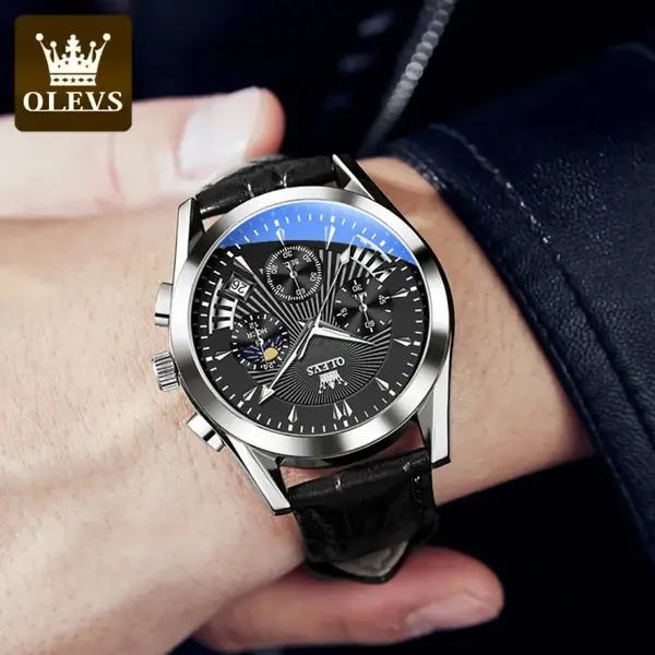 OLEVS 2876 Luxury Leather Strap Chronograph Analog Quartz Wristwatch for Men – Dial Color: Black, Strap Color: Black – View 2