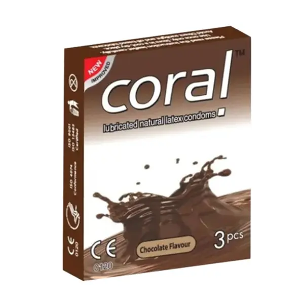 Coral Chocolate Flavour Condom 3’s Pack – 180mm Length – View 1