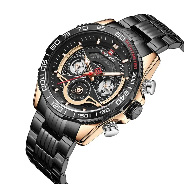 NAVIFORCE NF9185 Stainless Steel Chronograph Men's Watch – Dial Color: Black, Strap Color: Black – View 2