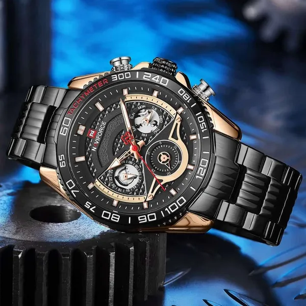 NAVIFORCE NF9185 Stainless Steel Chronograph Men's Watch – Dial Color: Black, Strap Color: Black – View 4
