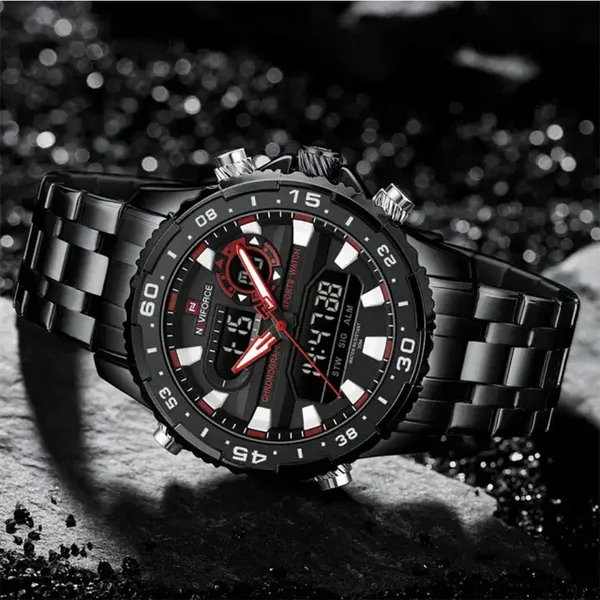 Naviforce 9234 High Quality Stainless Steel Dual Movement Sport Fashion Men Watch – Dial Color: Black, Strap Color: Black – View 3