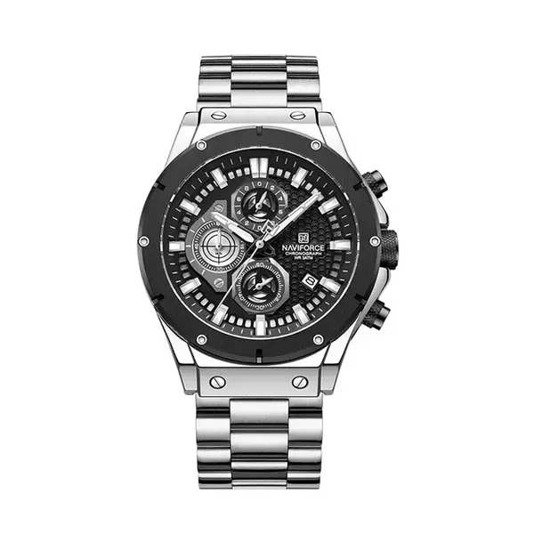 Naviforce NF8026 Luxury Stainless Steel Quartz Analog Men's Watch – Dial Color: Black, Strap Color: Silver – View 1