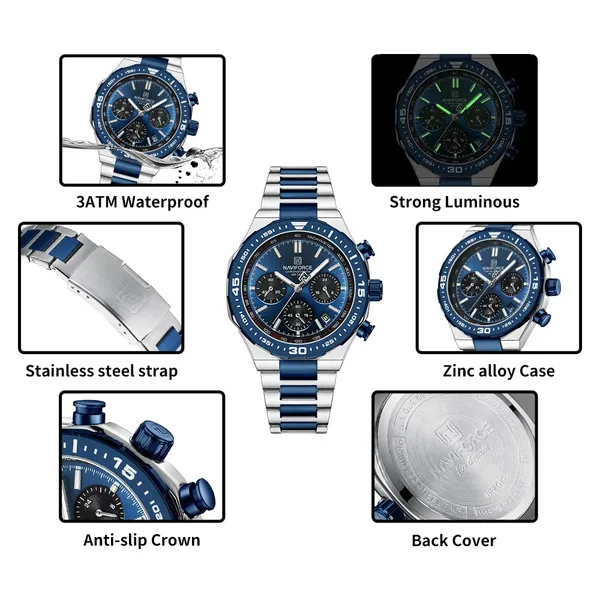 NAVIFORCE NF8049 Luminous Multifunctional Dial Men’s Watch – Dial Color: Blue, Strap Color: Silver – View 3