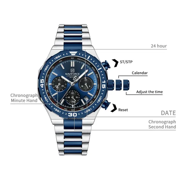 NAVIFORCE NF8049 Luminous Multifunctional Dial Men’s Watch – Dial Color: Blue, Strap Color: Silver – View 4