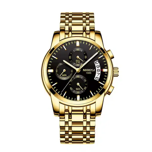 Nibosi 2353 Stylish Stainless Steel Strap & Waterproof Men's Watch – Dial Color: Black, Strap Color: Gold – View 1