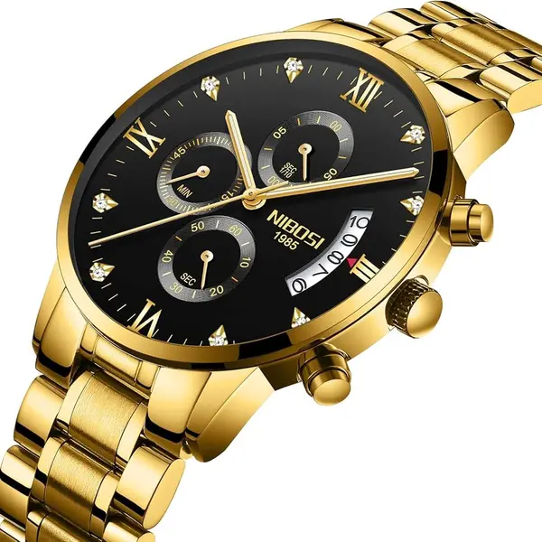 Nibosi 2353 Stylish Stainless Steel Strap & Waterproof Men's Watch – Dial Color: Black, Strap Color: Gold – View 2