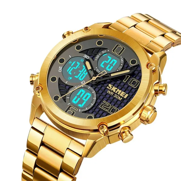 SKMEI 1975 Digital Analog Business Stainless Steel Men's Watch – Dial Color: Grey, Strap Color: Gold  – View 2