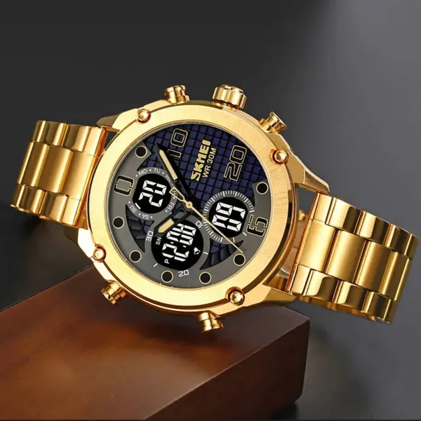 SKMEI 1975 Digital Analog Business Stainless Steel Men's Watch – Dial Color: Grey, Strap Color: Gold  – View 4