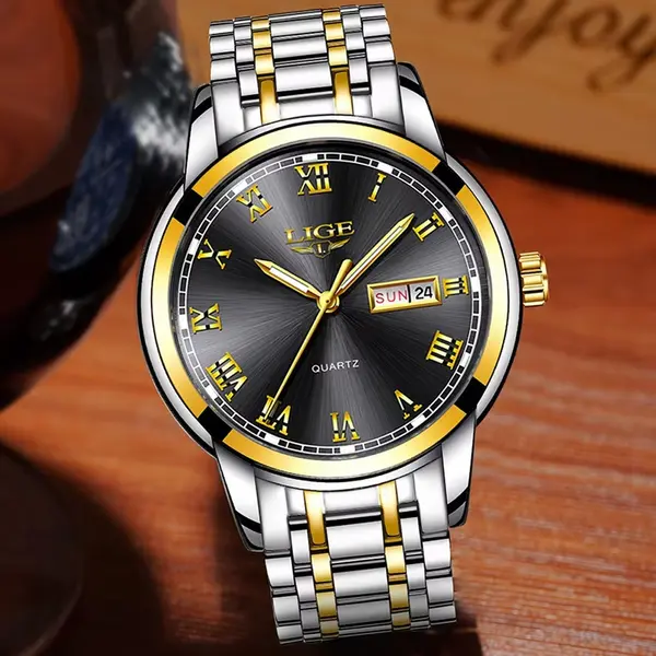 LIGE 9846 Premium Stainless Steel Analog Luxury Men's Watch – Dial Color: Black, Strap Color: Silver – View 2
