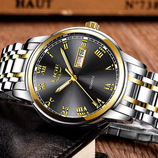 LIGE 9846 Premium Stainless Steel Analog Luxury Men's Watch – Dial Color: Black, Strap Color: Silver – View 3