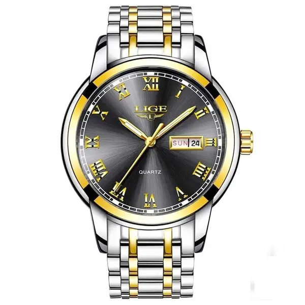 LIGE 9846 Premium Stainless Steel Analog Luxury Men's Watch – Dial Color: Black, Strap Color: Silver – View 1