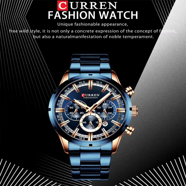 Curren 8355 High Quality Stainless Steel Chronograph Men's Watch – Dial Color: Blue, Strap Color: Blue – View 4