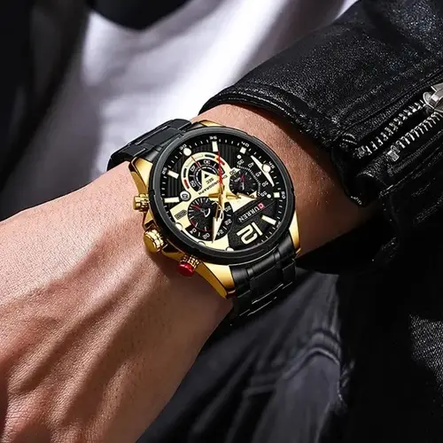 Curren 8395 Stainless Steel Chronograph Multifunctional Classic Men's Watch – Dial Color: Black Gold, Strap Color: Black – View 5