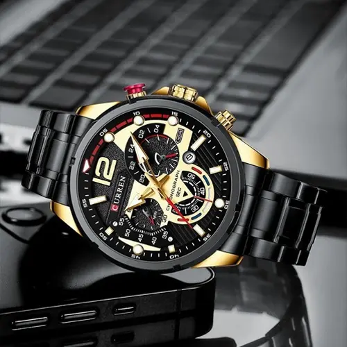 Curren 8395 Stainless Steel Chronograph Multifunctional Classic Men's Watch – Dial Color: Black Gold, Strap Color: Black – View 4