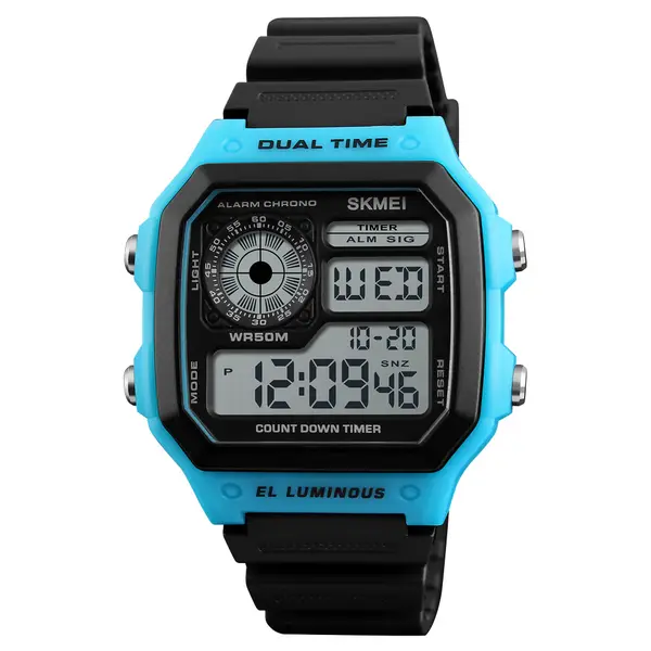 SKMEI 1299 Digital Multifunctional Silicone Strap Sporty Men's Watch – Dial Color: Blue, Strap Color: Black – View 1
