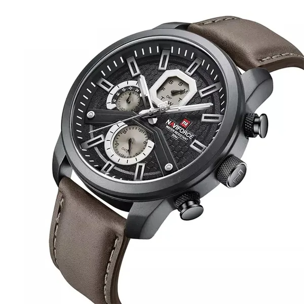 NaviForce NF9211L Chronograph Leather Strap Luminous Men's Watch – Dial Color: Black, Strap Color:  Brown  – View 2