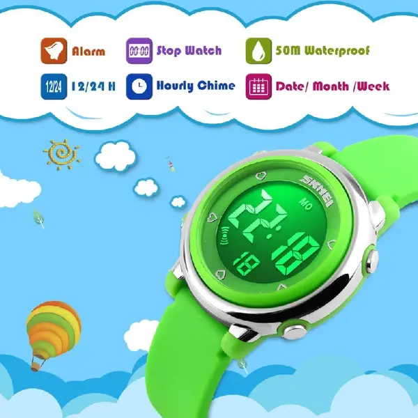 SKMEI 1100 Digital Waterproof Luminous Sporty Kid's Watch – Dial Color: Black, Strap Color: Green  – View 2