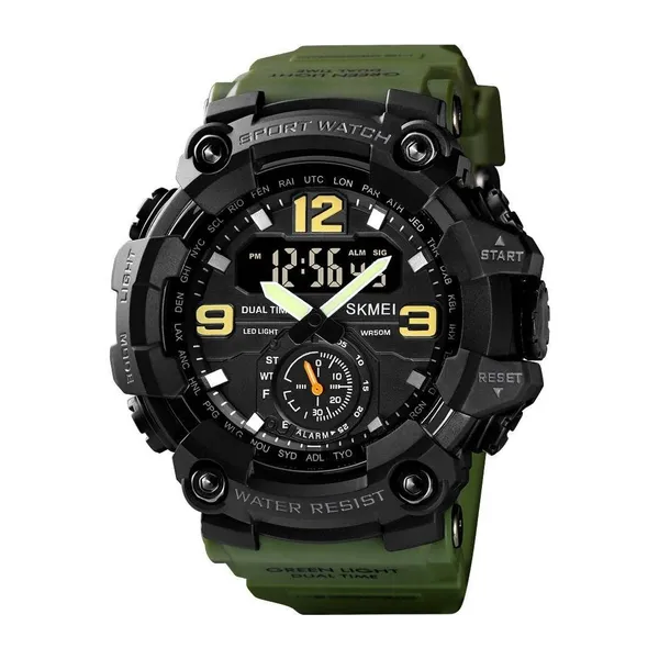 Skmei 1637 Digital Dual Movement 3 Time Waterproof Sports Men's Watch – Dial Color: Black, Strap Color: Green – View 1