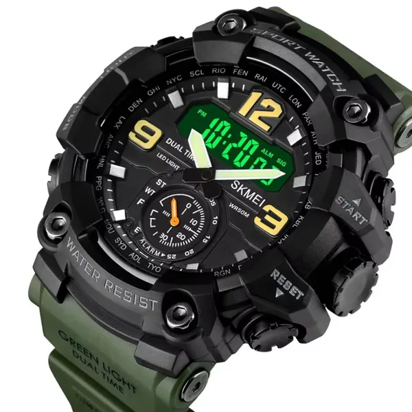 Skmei 1637 Digital Dual Movement 3 Time Waterproof Sports Men's Watch – Dial Color: Black, Strap Color: Green – View 2