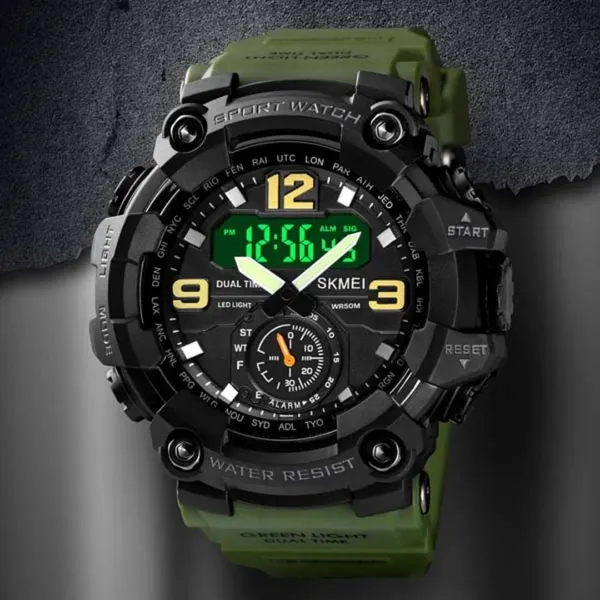 Skmei 1637 Digital Dual Movement 3 Time Waterproof Sports Men's Watch – Dial Color: Black, Strap Color: Green – View 3