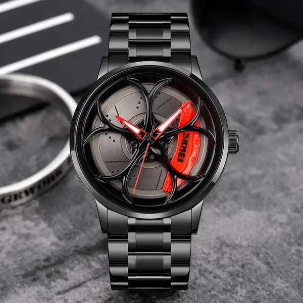 SKMEI 1990 Model-B Rolling Wheels Dial Creative Fashion Men's Watch – Dial Color: Red, Strap Color: Black – View 2