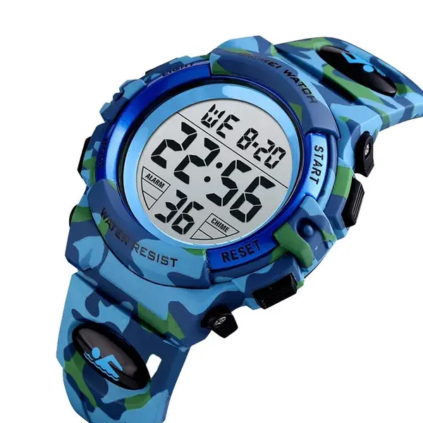 SKMEI 1548 Digital Camouflage PU Leather Luminous Sporty Kid's Watch – Dial Color: Black, Strap Color: Sky Blue – View 2