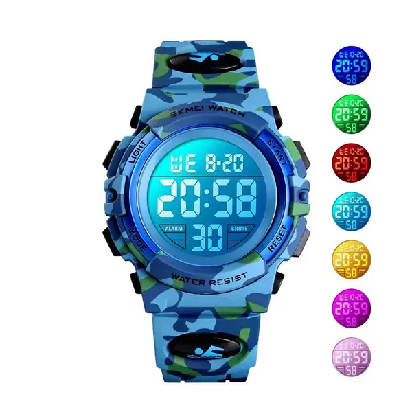 SKMEI 1548 Digital Camouflage PU Leather Luminous Sporty Kid's Watch – Dial Color: Black, Strap Color: Sky Blue – View 3