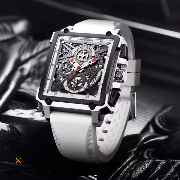 LIGE 8935 Exclusive Square Dial Analog Hollow Luxury Men's Watch – Dial Color: White, Strap Color: White – View 2