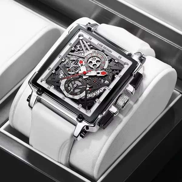 LIGE 8935 Exclusive Square Dial Analog Hollow Luxury Men's Watch – Dial Color: White, Strap Color: White – View 3