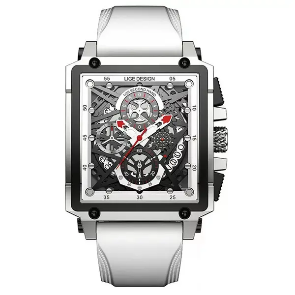 LIGE 8935 Exclusive Square Dial Analog Hollow Luxury Men's Watch – Dial Color: White, Strap Color: White – View 1