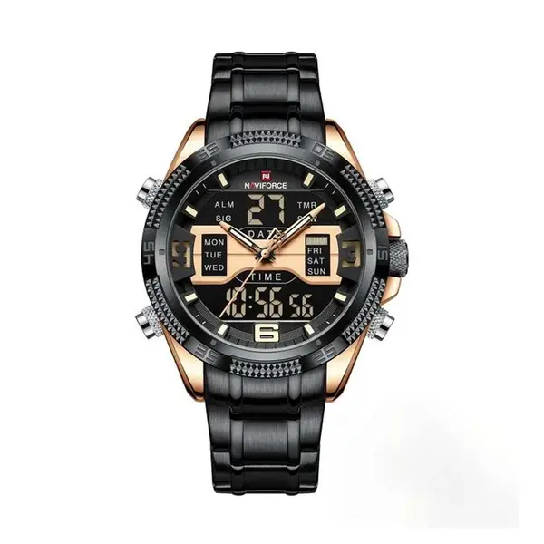 Naviforce NF9201 High Quality Stainless Steel Dual Movement Sport Fashion Men's Watch – Dial Color: Rose Gold, Strap Color: Black – View 1