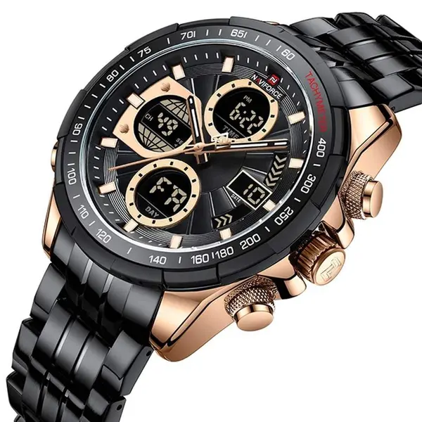 Naviforce NF9201 High Quality Stainless Steel Dual Movement Sport Fashion Men's Watch – Dial Color: Rose Gold, Strap Color: Black – View 2