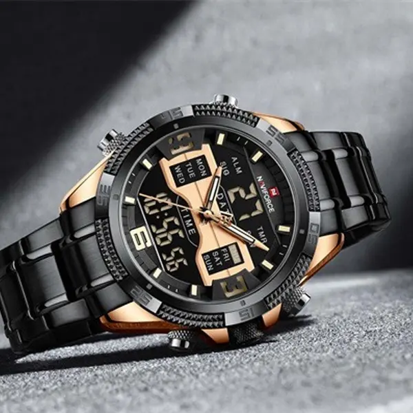 Naviforce NF9201 High Quality Stainless Steel Dual Movement Sport Fashion Men's Watch – Dial Color: Rose Gold, Strap Color: Black – View 3