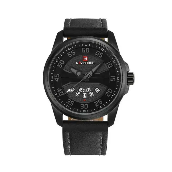 Naviforce NF9124 Luxury Leather Strap Quartz Analog Casual Style Fashion Men's Watch – Dial Color: Grey, Strap Color: Black – View 1